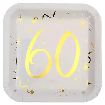 60th Birthday Party Plates Luxury Age 60 White & Gold Foil 23cm Paper Plate X 10 • £4.99