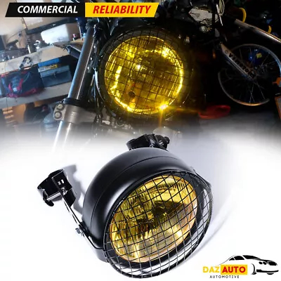 6.5  Round Vintage Motorcycle Headlight Yellow Glass Lens + Grill + Brackets Kit • $44.98