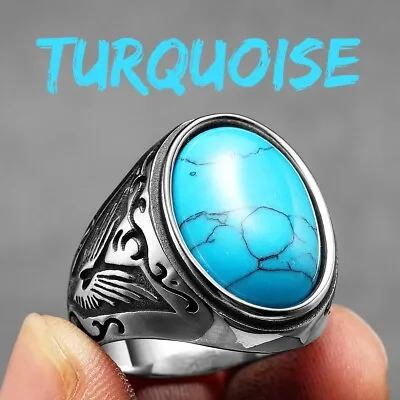 Vintage Black Turquoise Carved Men Ring Stainless Steel Punk Rock Luxury Fashion • $10.99