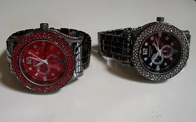 Men's Hematite Finish Techno King Fashion Hip Hop Red & Clear Stone Watch • $36.99