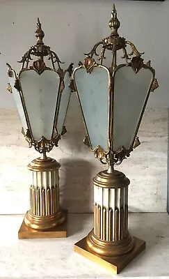 Mid Century Marbro Neoclassical Lantern Lamps Etched Glass Brass Spain Italy • $1850