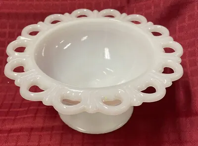 Vintage Anchor Hocking Old Colony Open Lace Edge White Milk Glass Pedestal Bowl • $12