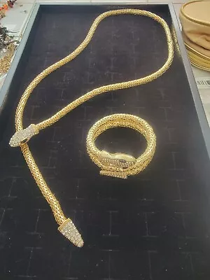 Vintage Gold Tone & Rhinestone Snake Necklace With Matching Bracelet • $25