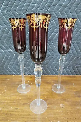 3 Vintage Champagne Flutes Wine Glasses - Ruby Red & Gold Tall Long Stem 11.75  • $42.49