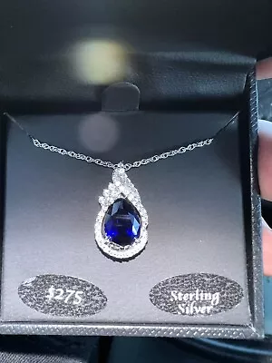 MACY'S 2 3/8 Cttw L.C. Sapphire & 1/4 Cttw White Sapphire Teardrop 925 Necklace • $260