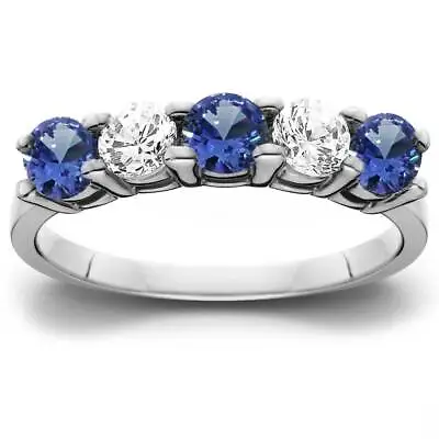 £419.03 • Buy 1.00Ct Genuine Blue Sapphire & Natural Diamond 5-Stone Ring 14K White Gold