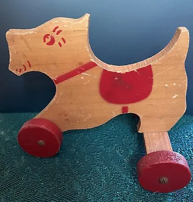 Vintage Antique Wooden Wood Scottie Or Schnauzer  Dog Pull Toy 3 Red Wheels • $49.99