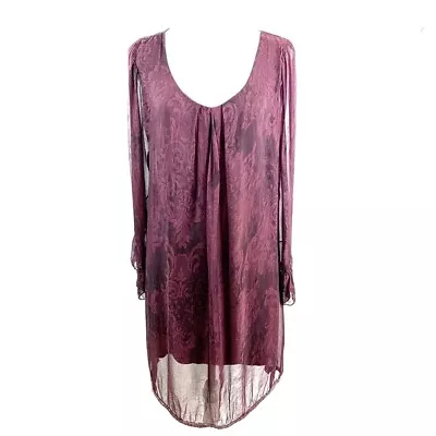 H Trend Silk Maroon Floral Lined Scoop Neck Bell Sleeves Tunic Dress Womens M • $25.74