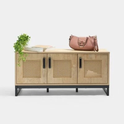 £99.99 • Buy Lena Rattan Shoe Storage Cabinet 3 Door Wooden Hallway Bench Cupboard 