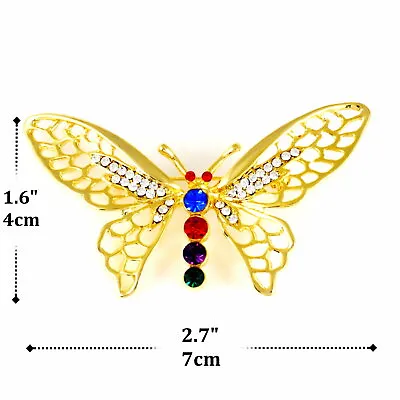 #P117B Crystal Big Butterfly 2.7  Scarf Brooch Pin Gold Tone Birthday Gift New • $4.79