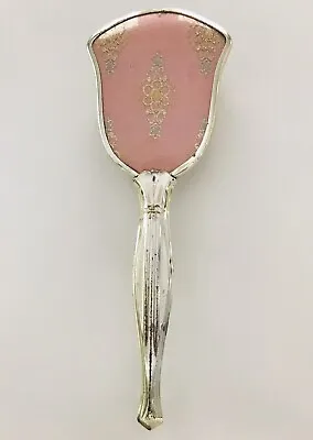 Vintage Hand Held Vanity Mirror And Hair Brush 2-in-1 Gold Pink Floral Design • $14.98