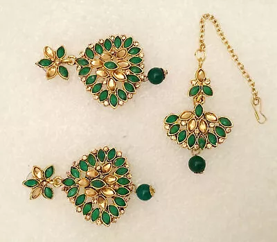 Green Bridal Maang Tikka Earrings Set Bollywood Mirror Gold Tone Indian Jewelry • $23.64