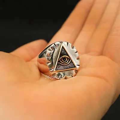 Stainless Steel Mens Gold Masonic Hip Hop Eye Of Providence Ring For Men Gift • £10.79