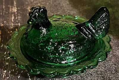 Vintage Green Glass Mini Hen On Nest Basket Covered Salt Dish Vintage Beautiful! • $16