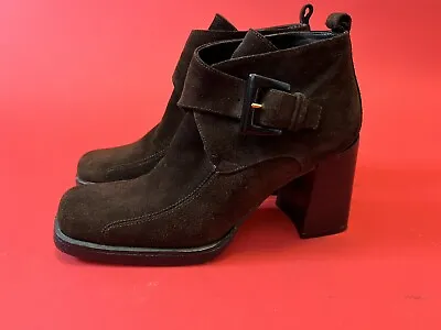 Via Spiga Brown Suede Square Toe Block Heel Ankle Boots W/ Buckles • $65