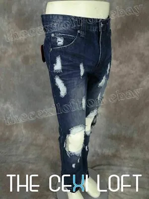 Mens Jeans Moto Biker Style Dark Blue Wash Victorious Brand Knee Rips And Fades • $29.99
