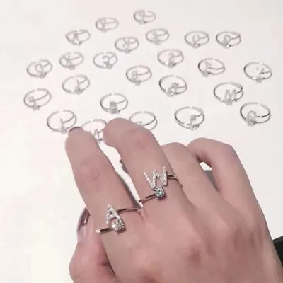 925 Silver Micro Zircon A-Z Initial Letters Rings Women Name Rings Adjustable • $0.89