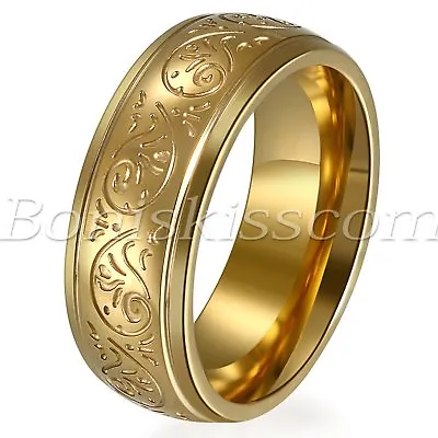 Men's Stainless Steel/Yellow Gold Plated Engraved Florentine Ring Band Size 7-13 • $8.99