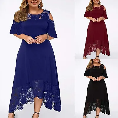 $43.45 • Buy Fashion Women Party Lace Stitching Ruffle Short Sleeve Cold Shoulder Dress Loose
