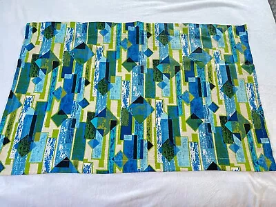 Vintage Pair Of Mcm Barkcloth Fabric Blue & Green Curtain Panels 44  X 29  • $49.95