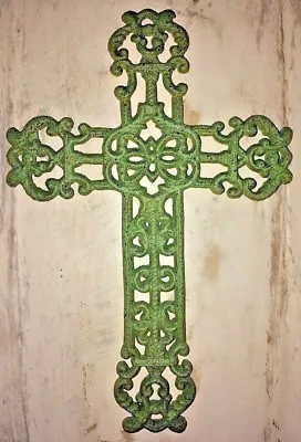 FRENCH GARDEN CROSS Antique Green Verdigris Patina Finish Decorative Cast Iron • $15.99