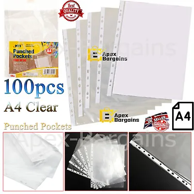 100pcs A4 Clear Poly PUNCHED POCKETS Spine Binder Filing Wallets Sleeves Pouch • £5.59