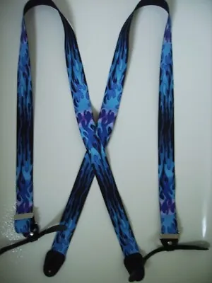 Men's Suspenders: 1-1/2  X Style With Blue Flames Snaps Clips Button USA Made • $19.66