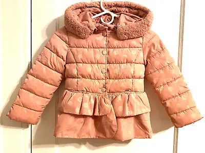 Mayoral Girls Winter Coat Removable Hood Pink Size 7 Polka Dots Snaps Zipper • $19.99