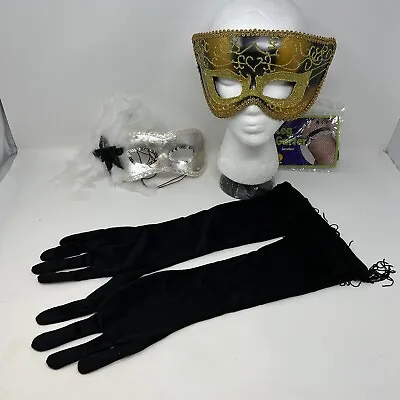 4 Piece Set Mardi Gras Masks Silver Gold Feathers Masquerade Gloves Leg Garter • $24