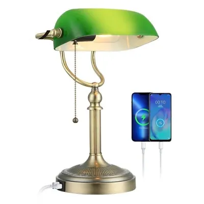 USB Fast Charger Banker Desk Lamp Pull Chain Switch Green Glass Shade Brass Base • $89.99