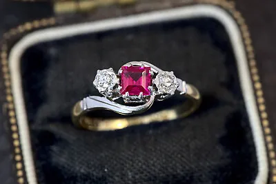 Stunning Vintage English 18k Gold Blazing Ruby & Diamond 3-stone Crossover Ring • $1000