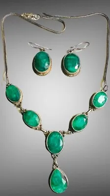 Vtg Stauer Green Stone Sterling Silver Necklace And Earrings Set 18” NICE • $55.25