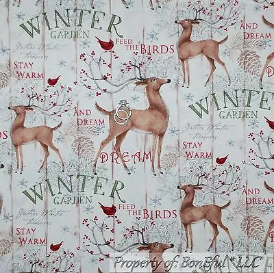 BonEful Fabric FQ Cotton Quilt Country Deer Red Cardinal Bird Berry Xmas Tree US • £4.22