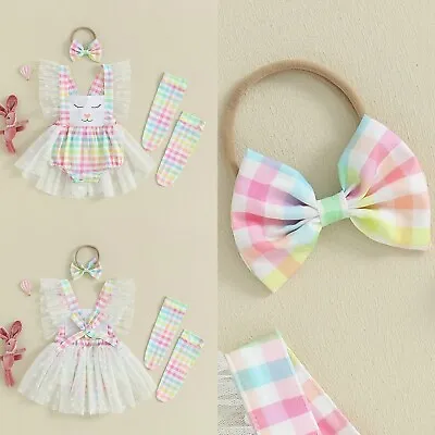 Baby Girls Bodysuit Gifts Romper Plaid Easter Outfit Party Headband Costume Bow • £14.39