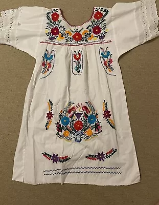 Mexican White Ethnic Oaxacan Embroidered Dress Medium . Knee Tunic Cotton Bird • $39.90