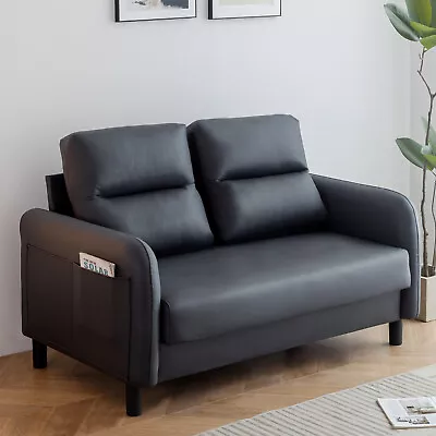 Black Ergonomics 2 Seater Sofa Modern High Back Fabric Couch Wood Legs 2 Pockets • £163.19