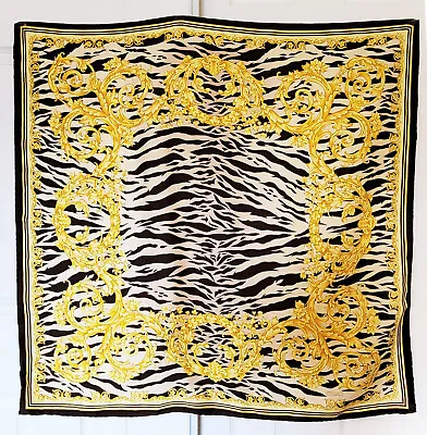 Large VERSACE Italy SILK SCARF Animal Print Baroque Gold Hand Rolled Hem 34.5” • $90