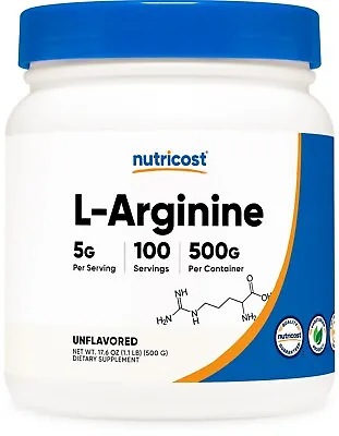 Nutricost L-Arginine (500 Grams) - Pure L-Arginine Powder - 5000mg Per Serving • $24.98