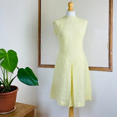 £24 • Buy Vintage 60s Pale Pastel Yellow Linen Embroidered Drop Waist Dress 14