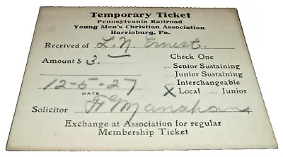 1927 Pennsylvania Railroad Harrisburg Ymca Membership Card • $68.74