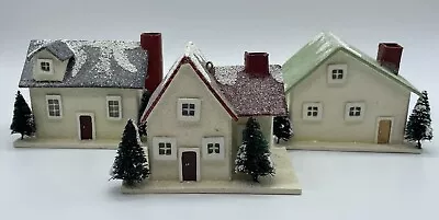 Vintage Lot Of 3 Christmas Putz Houses Bottle Brush Trees Snow 3.5  X 2.5  • $35