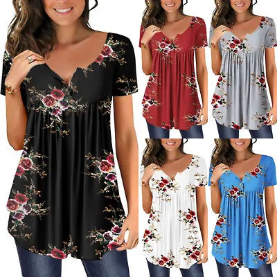 £13.09 • Buy Womens Summer Floral Tunic Tops Short Sleeve T-shirt Ladies Button Blouse Tee 14