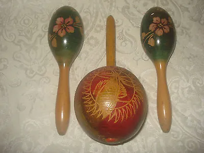 3 Vintage Hand Carved Wood Gourd? Percussion Maracas Shakers Musical Instruments • $60