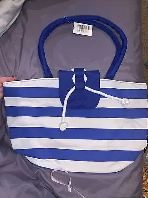 Striped Canvas Tote Shoulder Bag Purse Rope Nautical Beach Navy Blue White NWT • $12.60