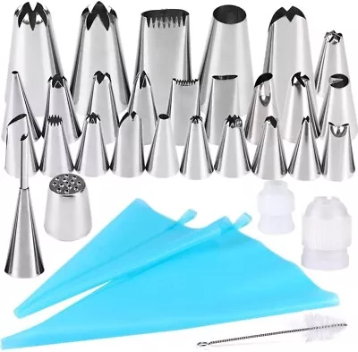 32 Pcs Cake Piping Nozzles Tips 25 Stainless Icing Nozzles 2 Reusable Bags • £7.50