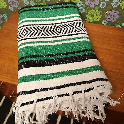 £22.99 • Buy Green Black Mexican Cotton Woven Stripy Falsa Yoga Blanket / Throw