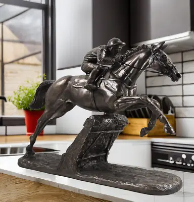 The Hurdler By Harriet Glen Cold Cast Bronze Horse Racing Jockey Statue 34.5cm • £129.95