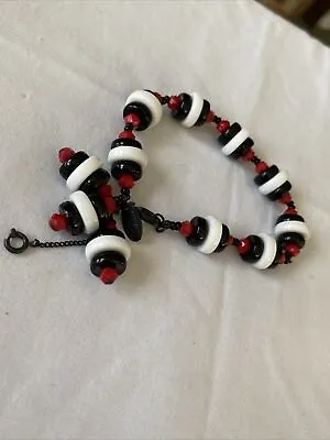 Rare Signed Miriam Haskell Black Red & White Glass  Bead 8” Bracelet • $74.88