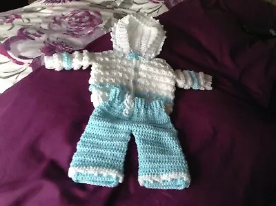 A New Hand Crochet Baby Boy Hooded Jacket & Pants Set White & Turquoise 0 - 3 Mo • £6.50