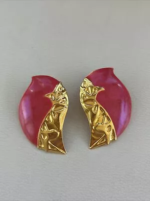 Vintage BEREBI Signed Pink Enameled Gold Tone Dangle Pierced Big Earrings • $20